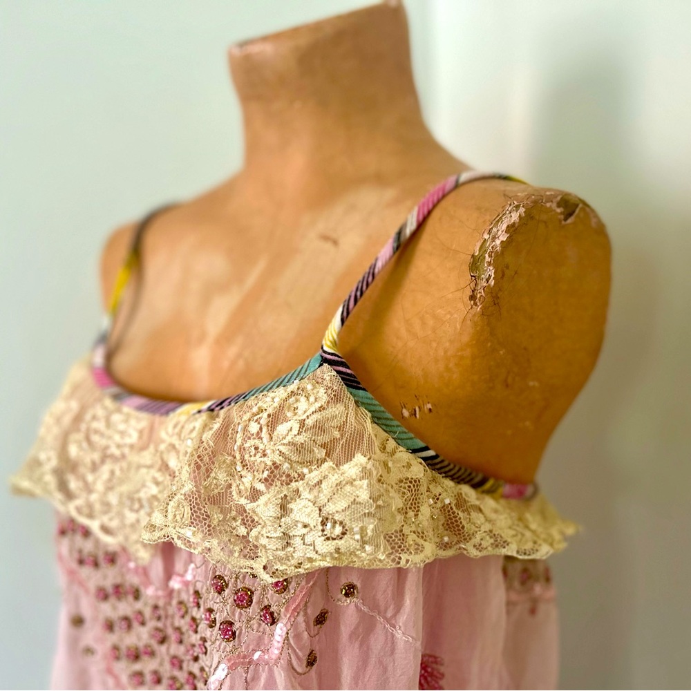 Free People Tank Flowing Silk & Lace Summer - Pink & Cream - Size Small Medium 6